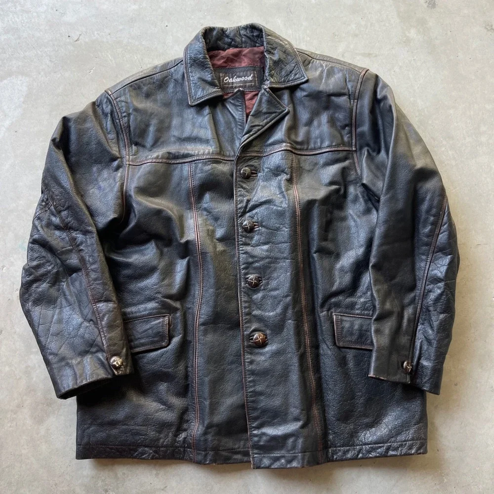 Oakwood Classic Mens XL Brown Leather Jacket Button Front Quilted Lined Car Coat